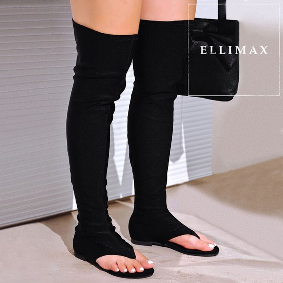 NEW🔥Black Thong Open Toe Flat Gladiator Sandal Over The Knee Thigh High Pull-On - Picture 1 of 4
